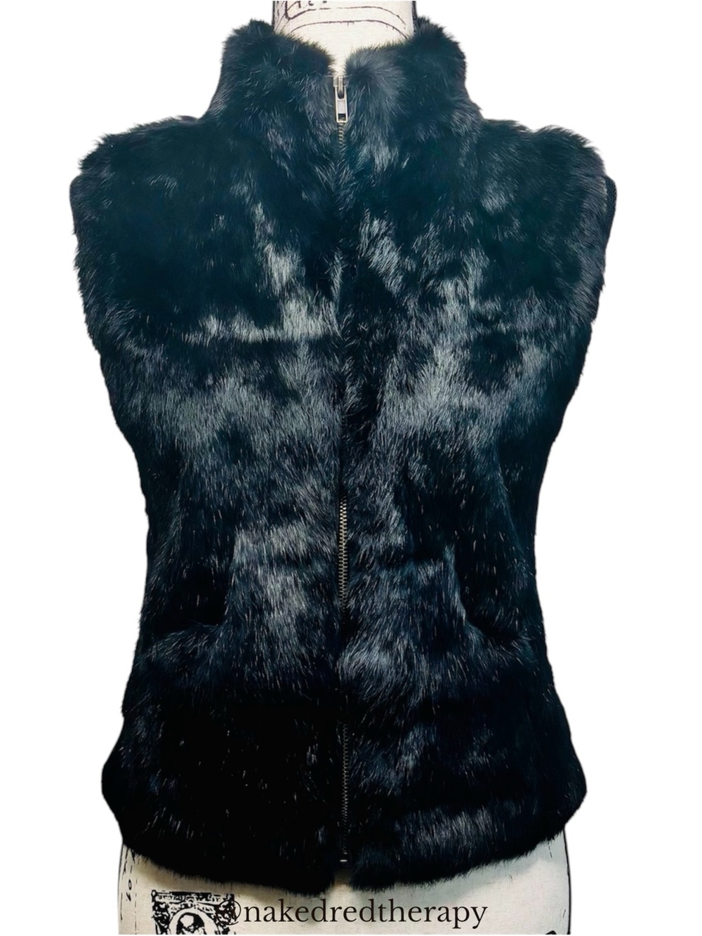 White House Black Market Black Rabbit Fur Zip Vest | Women Size Small | Like New